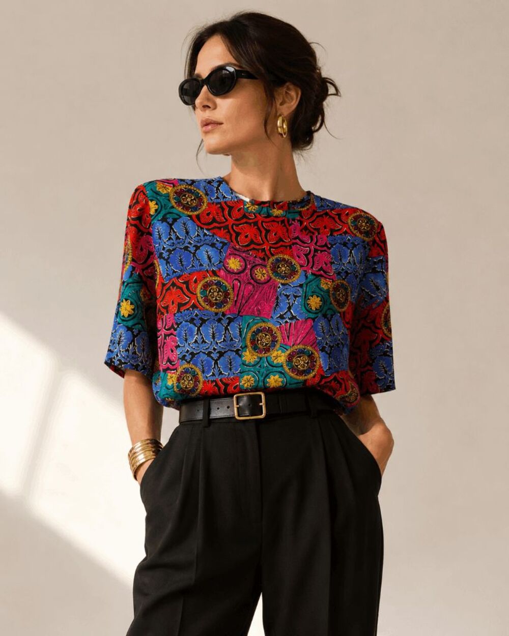 VTG Christie & Jill 100% Silk Colorful Statement Print Blouse Large